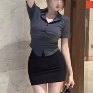 苜戈收腰灰色襯衫職業(yè)工作服女設(shè)計感修身性感秘書短袖襯衣OL制服套裝 灰色短袖襯衫+黑色包臀裙 套裝 S