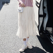 慕兔白色中長(cháng)款百褶半身裙森女2025春季新款高腰顯瘦小個(gè)子褶皺a字裙 米白色 均碼