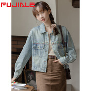 符佳樂(lè )復古港味甜美減齡刺繡牛仔短外套女秋季新款寬松百搭繡花氣質(zhì)上衣 復古藍 M