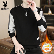 花花公子（PLAYBOY）冬季加絨加厚款t恤男士長袖寬松圓領(lǐng)衛(wèi)衣男學(xué)生一體絨體恤打底衫 5817-黑色 加絨 M 90-110斤