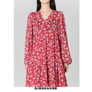 哥弟（GIRDEAR）女裝裙子碎花裙顯瘦氣質(zhì)長袖時尚紅色法式收腰連衣裙150002 紅色 * M (3碼)