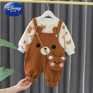 迪士尼（Disney）背帶褲女童春裝2025新款加絨潮童裝洋氣兒童衣服一歲寶寶春秋套裝 棕色 100 cm