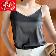 浪莎（LangSha）品牌仿真絲吊帶背心女西裝內(nèi)搭桑蠶絲外穿寬松打底性感無袖上衣 黑色【單肩】 XL