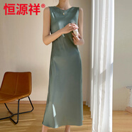 恒源祥三醋酸緞面真絲吊帶洋裝女夏季桑蠶絲圓領(lǐng)長裙子A字裙高腰無袖 綠色 S