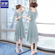 羅蒙短袖連衣裙女裝夏季2025新款氣質(zhì)時尚女裝修身顯瘦裙子純色中長款 霧霾藍 M 90-105斤
