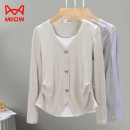 貓人（MiiOW）假兩件圓領(lǐng)短袖T恤女不規則設計感25夏新款顯瘦彈力打褶上衣 長(cháng)/袖燕麥色 3XL