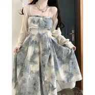 伊琦蕾水墨暈染裹胸裙吊帶連衣裙套裝女2025春夏新款溫柔風(fēng)收腰有型裙子 披肩+連衣裙 3XL _156-170斤
