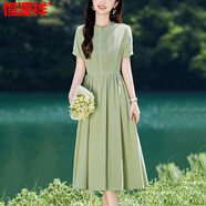 恒源祥棉麻連衣裙女夏季2025年新款收腰顯瘦氣質(zhì)減齡媽媽高級(jí)感純色裙子 綠色 L 建議105-118斤