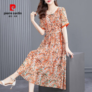 皮爾卡丹（pierre cardin）品牌輕奢2025夏碎花真絲連衣長(cháng)裙女桑蠶絲媽媽款顯瘦氣質(zhì) 桔色 2214 M 95-105斤