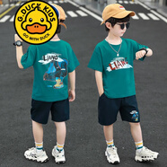 G.DUCKKIDS品牌童裝兒童裝男童夏裝套裝中大童男孩夏季韓版洋帥氣短袖潮衣服 綠色人物套裝 130 建議身高120CM左右