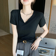 她風(fēng)采8710夏新款韓版氣質(zhì)半開(kāi)領(lǐng)修身短袖T恤女小個(gè)子休閑百搭短款上衣 黑色 M