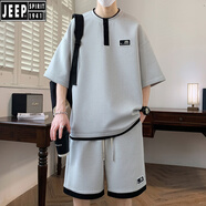吉普（JEEP）冰絲薄款假兩件短袖T恤男士短褲套裝2025新款夏季男裝一整套衣服  8013白色  M 80-110斤