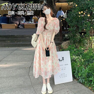 Ady Glenna碎花連衣裙女裝季新款印花溫柔方領(lǐng)褶皺收腰仙顯瘦泡泡袖裙子 *主圖色* L