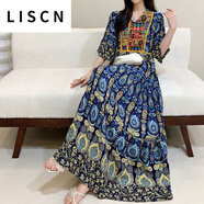LISCN連衣裙女棉綢云南大理民族風(fēng)收腰復古刺繡海邊度假波西米亞大擺裙 長(cháng)裙異域風(fēng)情藏藍（預售） XL 110-120斤