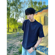 Shelley Jones藏青色閃電刺繡短袖t恤男款夏季顯肩寬半截袖cleanfit小領(lǐng)口體恤 藏青色 XL [推薦120-140斤]