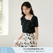 香影白色t恤女短袖2025夏季新款時尚不規(guī)則荷葉木耳邊正肩小上衣 黑色 T恤 XL 170/92A/125-140斤