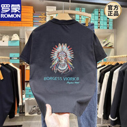 羅蒙（ROMON）美式重磅短袖T恤男款夏季ns印第安人羽毛頭像刺繡痞帥上衣體恤潮 黑色 M 建議90-105斤