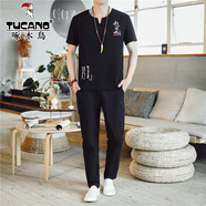 啄木鳥(niǎo)夏季亞麻套裝男中國風(fēng)t恤男士休閑唐裝盤(pán)扣佛系棉麻短袖短褲一套 211-黑色 3XL (145-160)斤