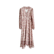 韓國imis*syouV領(lǐng)收腰系帶碎花裙溫柔甜美雪紡裙一片式長(cháng)裙春夏 粉色 S