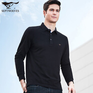 七匹狼狼影七匹狼長(cháng)袖t恤男士春季新款打底純棉翻領(lǐng)中年P(guān)olo衫爸爸商務(wù)男裝 黑色001 均碼 165/84A/m