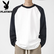 花花公子（PLAYBOY）350G重磅圓領(lǐng)衛衣男士2025春秋季美式拼接打底衫寬松長(cháng)袖t恤男 黑色拼白色 L （110-130斤）