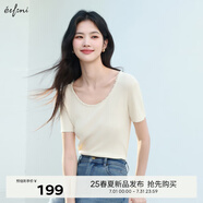 伊芙麗（eifini）伊芙麗圓領(lǐng)領(lǐng)口珍珠精致重工薄款針織短袖上衣2025夏季新款T恤 米白 預(yù)售 S 80-105斤