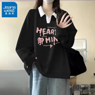 真維斯（Jeanswest）黑色翻領(lǐng)polo衛衣女士春秋冬新款寬松小個(gè)子加絨上衣 薄款黑色心靈粉 L