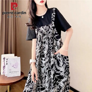 皮爾卡丹（pierre cardin）背帶褲套裝女夏季洋氣減齡胖m妹大碼顯瘦女裝矮個(gè)子寬松九分褲 黑T恤+背帶褲黑白【兩件套】 2XL 建議140-160斤