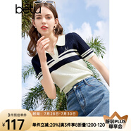 百圖betu女裝夏季新款毛針織衫減齡翻領(lǐng)條紋寬松短袖女2403T06 藍(lán)白條 M