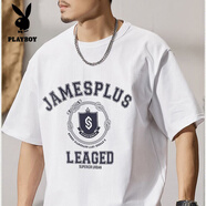 花花公子（PLAYBOY）親膚絲滑重磅純.棉vintage國潮短袖t恤女夏季情侶裝字母印花寬松 白色 M 建議80-100斤