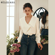 Olrain歐芮兒復(fù)古襯衫女裝秋長(zhǎng)袖不對(duì)稱翻領(lǐng)上衣 米白色（第二批次） L