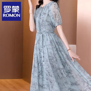 羅蒙（ROMON）連衣裙氣質好看雪紡套頭2025新款時尚洋氣夏裝女士水墨碎花裙子 藍色 3XL （135-145斤）