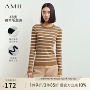 AMII2024冬百搭修身撞色條紋袖口字母提花套頭針織毛衣女 駝色 160/84A/M