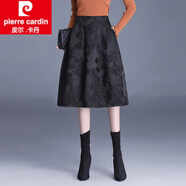 皮爾卡丹（pierre cardin）提花半裙媽媽款高腰a字燈籠裙半身裙春秋蓬蓬傘裙女中長款花苞裙 黑牡丹裙長66cm L 適合體重100-110斤