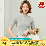 金菊含羊毛多色可選早春新款細(xì)坑條特價(jià)打底毛衣半高領(lǐng)短袖女式針織衫 麻灰 L