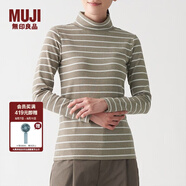 無印良品 MUJI 女式 彈力羅紋編織 高領(lǐng)長袖T恤 BBM01A1A 米白色條紋 M