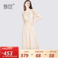 魅斑淡人穿搭法式茶歇裙連衣裙女2025夏季新款V領(lǐng)系帶收腰仙女裙 米色 L