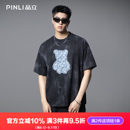 PINLI品立2025夏季新款小熊牛仔貼布燒花鉚釘圓領(lǐng)男士短袖T恤上衣 黑色 M (170)