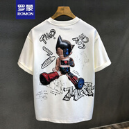羅蒙（ROMON）賽博機(jī)甲boy肌理感涂鴉刺繡潮牌短袖T恤男士2025寬松美式半袖體恤 杏色 220g寬松舒適版型 L 120-140斤