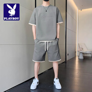 花花公子;PLAYBOY休閑美式套裝男2025夏季新款經(jīng)典帥氣舒適短袖短褲時(shí)尚簡(jiǎn)約兩件套 5808深灰 3XL 160-175斤