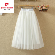 皮爾卡丹2025中長(cháng)款半身裙網(wǎng)紗裙女夏韓版高腰顯瘦百搭舞蹈裙仙女裙A字裙 白色(均碼，適合135斤以?xún)? M 裙長(cháng)65C(二層紗一層里)