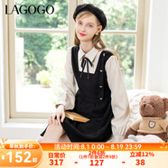 lagogo泡泡袖蝴蝶結拼接連衣裙女拉谷谷秋冬新款宮廷風(fēng)法式赫本裙 黑米(WT) M 160/38