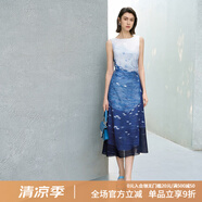 顏域撞色拼接夏季連衣裙女2025新款高級感獨(dú)特設(shè)計(jì)感過膝氣質(zhì)長裙 藍(lán)花 S