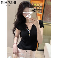 棉致韓版彩色紐扣V領(lǐng)針織短袖t恤女夏季2025新款潮流時(shí)尚百搭減齡上衣 0217黑色【高品質(zhì)18】 均碼