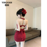 櫻鮮名媛風(fēng)鏈條掛脖綁帶晚禮服吊帶裙女裝夏季純欲性感露背收腰連衣裙 紅色短裙 S