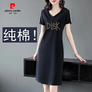 皮爾卡丹（pierre cardin）純棉大碼裙子胖mm短袖連帽連衣裙夏季女中長(zhǎng)款休閑運(yùn)動(dòng)T恤裙 黑色【DISK】 M