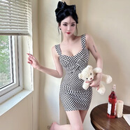 千梵詩(shī)2025新款高級感女裝格子吊帶連衣裙夜場(chǎng)性感辣妹收腰包臀裙子夏季 黑色 S