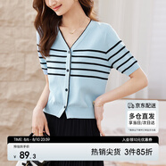 尚都比拉甜美少女感V領(lǐng)清新撞色條紋針織衫 藍(lán)色條紋 M