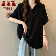 萬欣兒大碼高級感黑色歐貨短袖襯衫女夏季胖mm顯瘦遮肚子V領POLO衫上衣 黑色襯衫 2XL 建議130-150斤