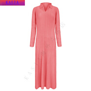 三宅一生（ISSEY MIYAKE）褶皺POLO領(lǐng)長(zhǎng)袖日韓休閑純色連衣裙子女七夕禮物 桃粉色 均碼 2
